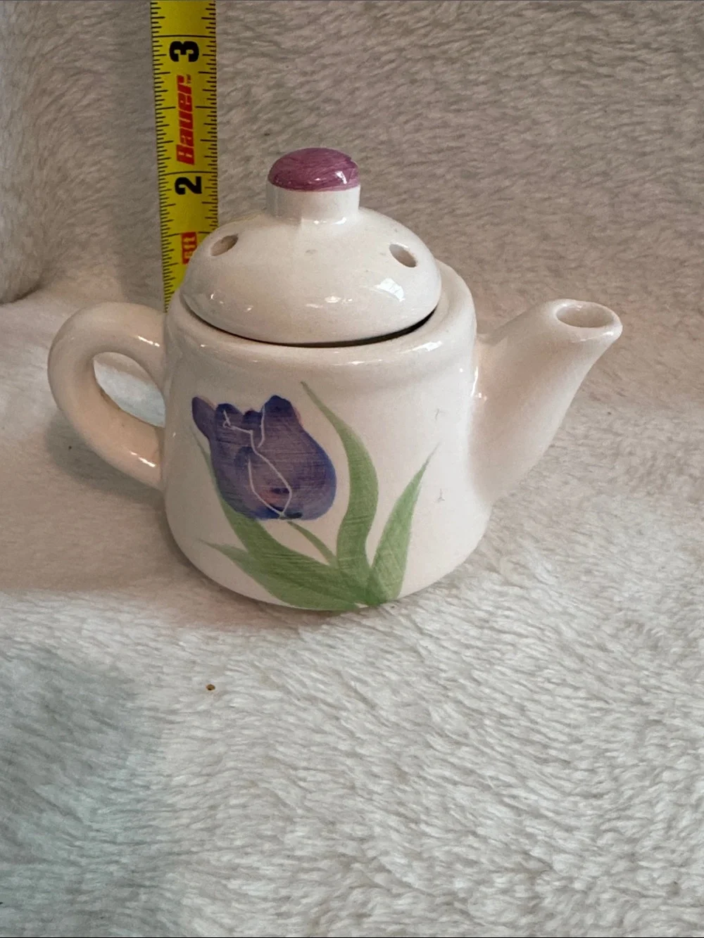 Bauer White Ceramic Mini Teapot Trio with Blue and Purple Floral Accents